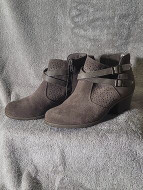 Sonoma gray suede booties, decorative strap design with buckles, size 7